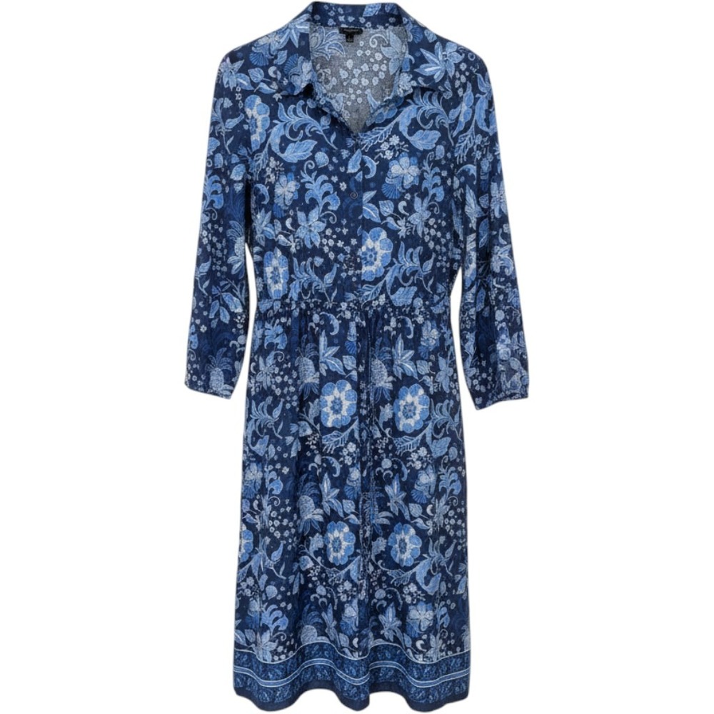 Talbots Shirt Dress Women 8 Blue Floral Cotton Midi Button Front Pockets Office